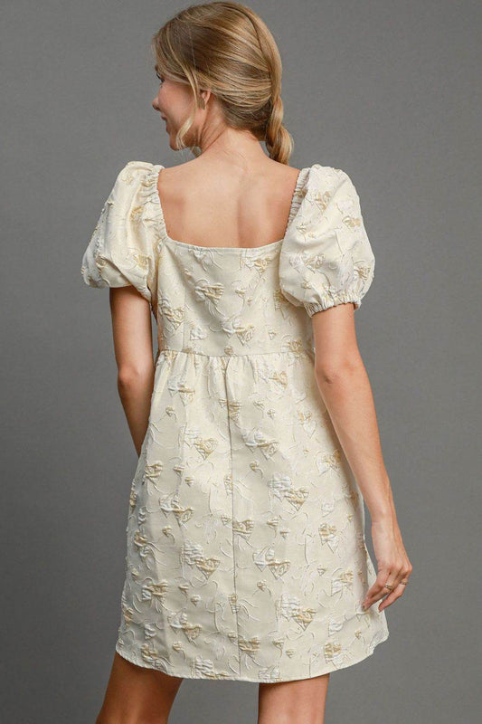 Umgee Heart Jacquard  Puff Sleeve Mini Dress