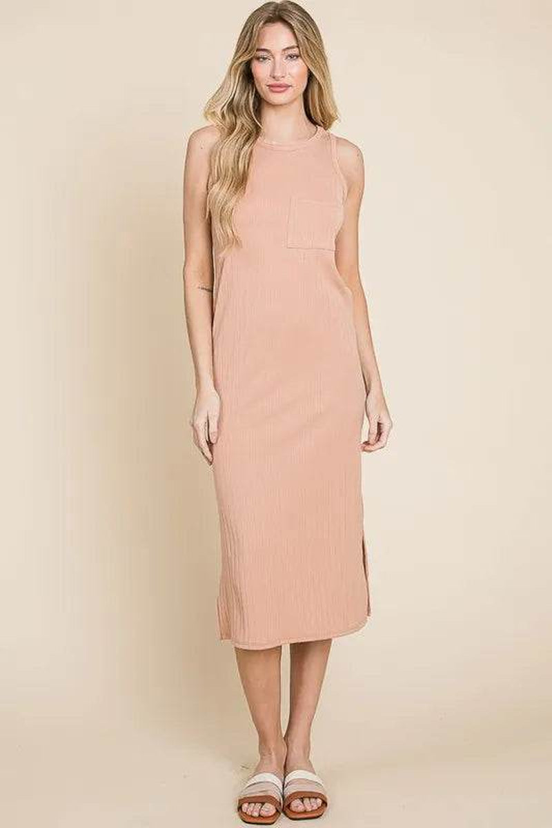 Bom Bom Ribbed Knit Sleeveless Midi Dress