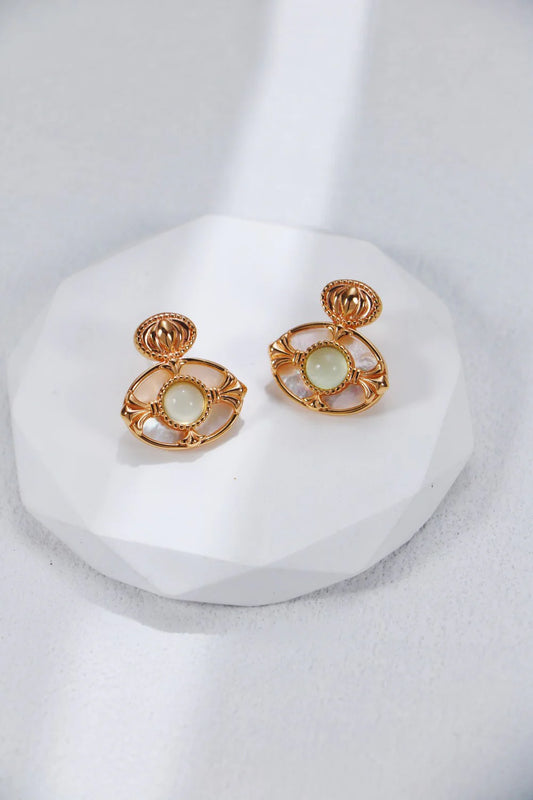 Prehnite Chalcedony with White Shell Earrings