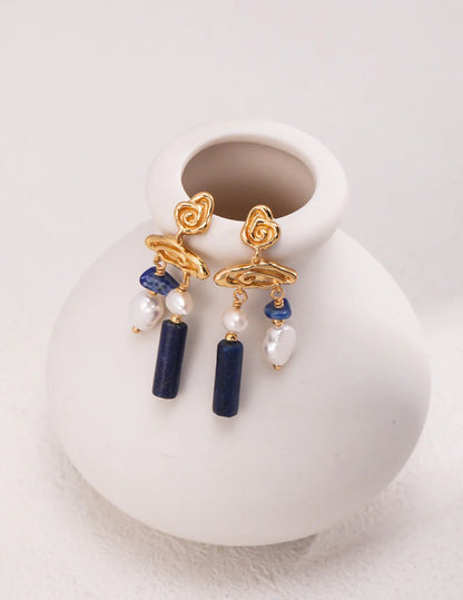 Blue Lapis Stone with Pearls Earrings