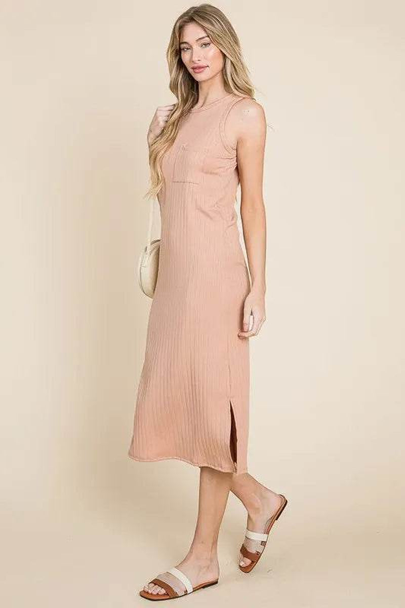 Bom Bom Ribbed Knit Sleeveless Midi Dress