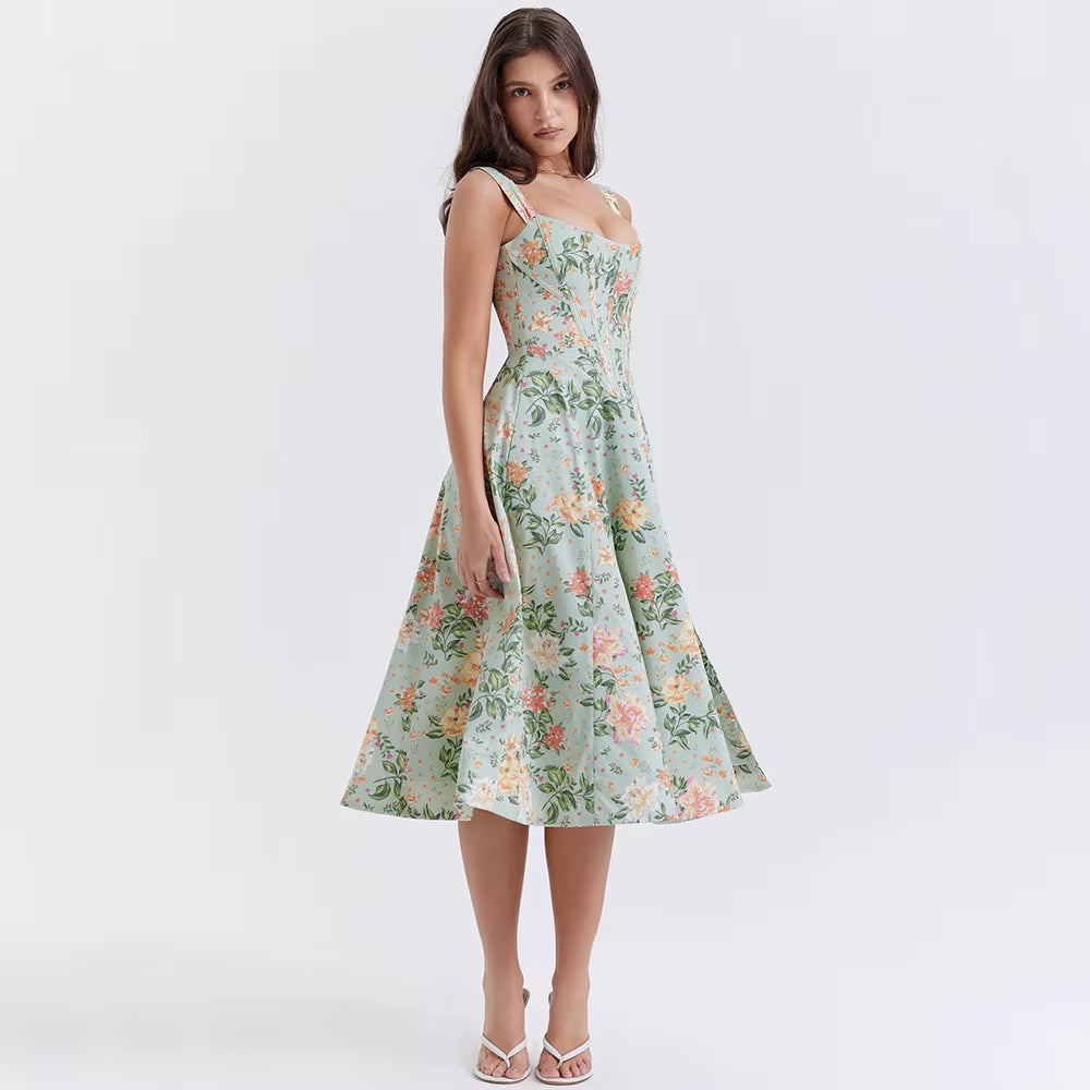 Elegant Summer Corset Dress 2024 New Arrivals Blue Slit Flower Print Flare Dress Midi Casual Lace up Holiday Dress