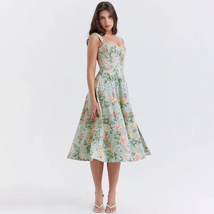 Elegant Summer Corset Dress 2024 New Arrivals Blue Slit Flower Print Flare Dress Midi Casual Lace up Holiday Dress