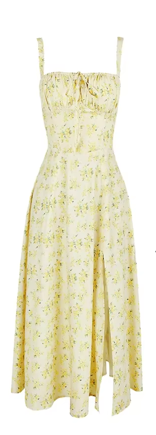 Women'S Summer Floral Print Dresses Sweet Elegant Midi Holiday Dress Casual Slit Blue Lace up Dresses 2023