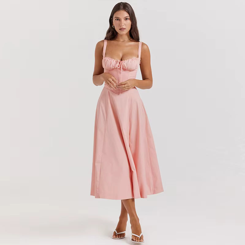 Women'S Summer Floral Print Dresses Sweet Elegant Midi Holiday Dress Casual Slit Blue Lace up Dresses 2023