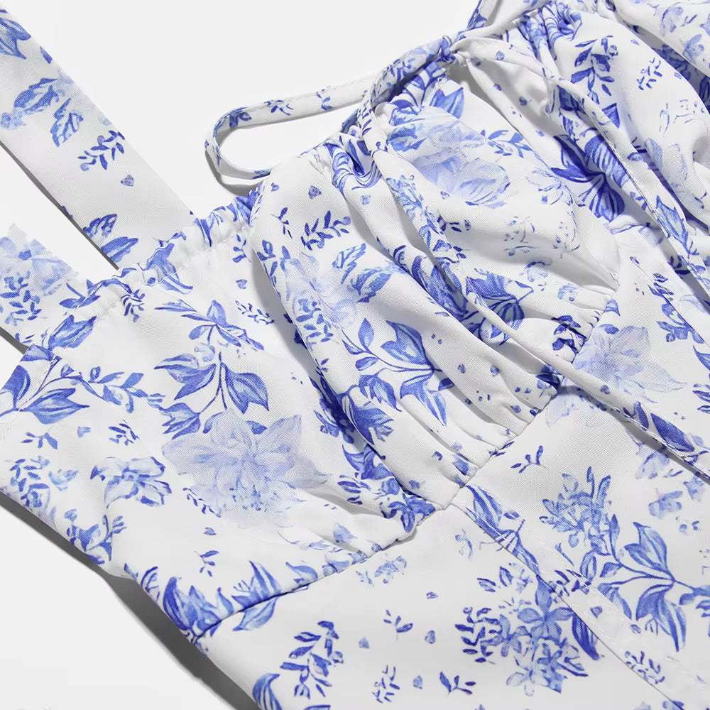 Women'S Summer Floral Print Dresses Sweet Elegant Midi Holiday Dress Casual Slit Blue Lace up Dresses 2023