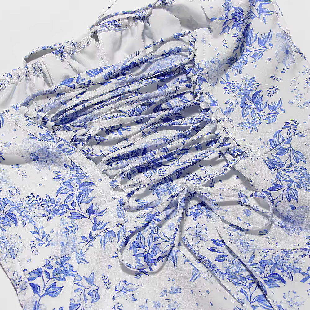 Women'S Summer Floral Print Dresses Sweet Elegant Midi Holiday Dress Casual Slit Blue Lace up Dresses 2023