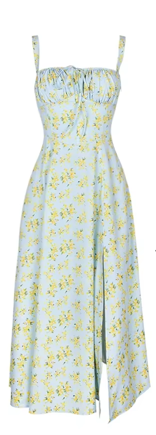 Women'S Summer Floral Print Dresses Sweet Elegant Midi Holiday Dress Casual Slit Blue Lace up Dresses 2023