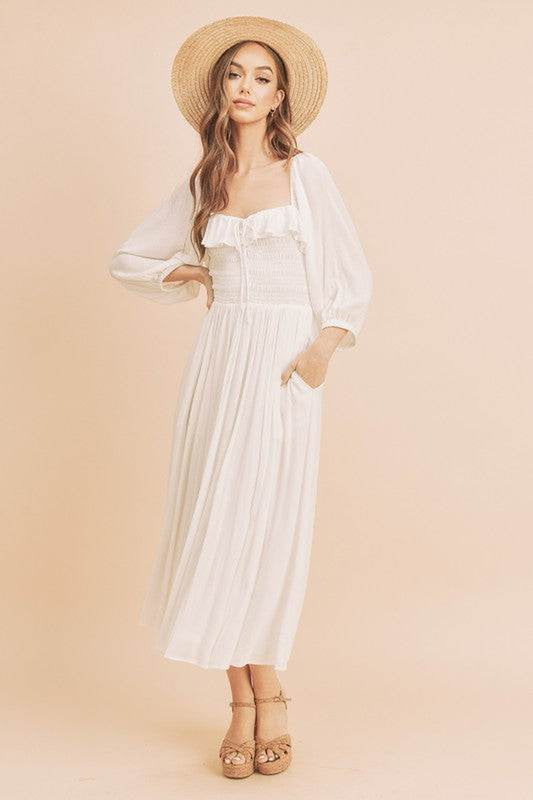 Ruffled Smocked Balloon Sleeve Dress