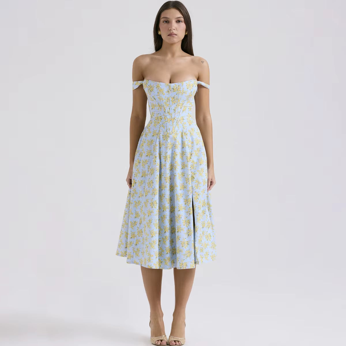 Elegant Summer Corset Dress 2024 New Arrivals Blue Slit Flower Print Flare Dress Midi Casual Lace up Holiday Dress