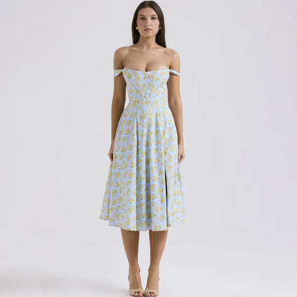 Elegant Summer Corset Dress 2024 New Arrivals Blue Slit Flower Print Flare Dress Midi Casual Lace up Holiday Dress