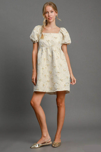 Umgee Heart Jacquard  Puff Sleeve Mini Dress