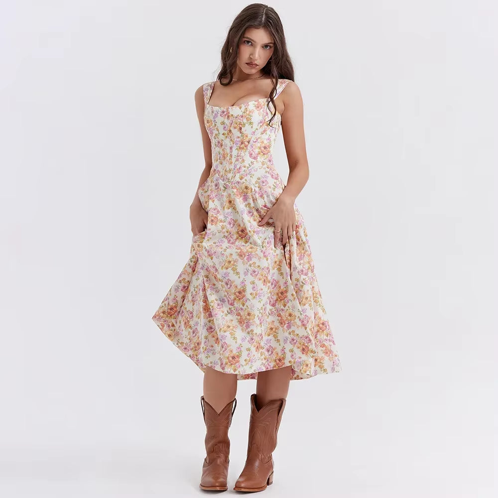 Elegant Summer Corset Dress 2024 New Arrivals Blue Slit Flower Print Flare Dress Midi Casual Lace up Holiday Dress