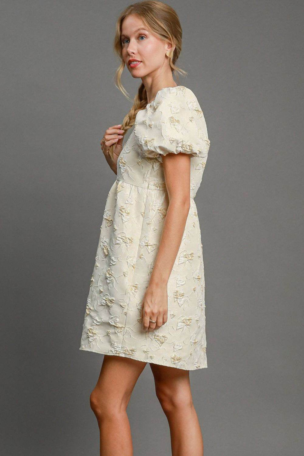 Umgee Heart Jacquard  Puff Sleeve Mini Dress